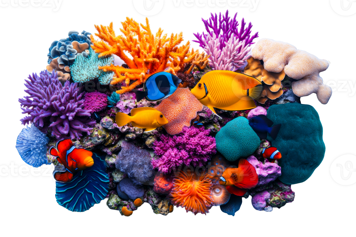 Vibrant coral reef with colorful fish swimming around, cut out transparent png