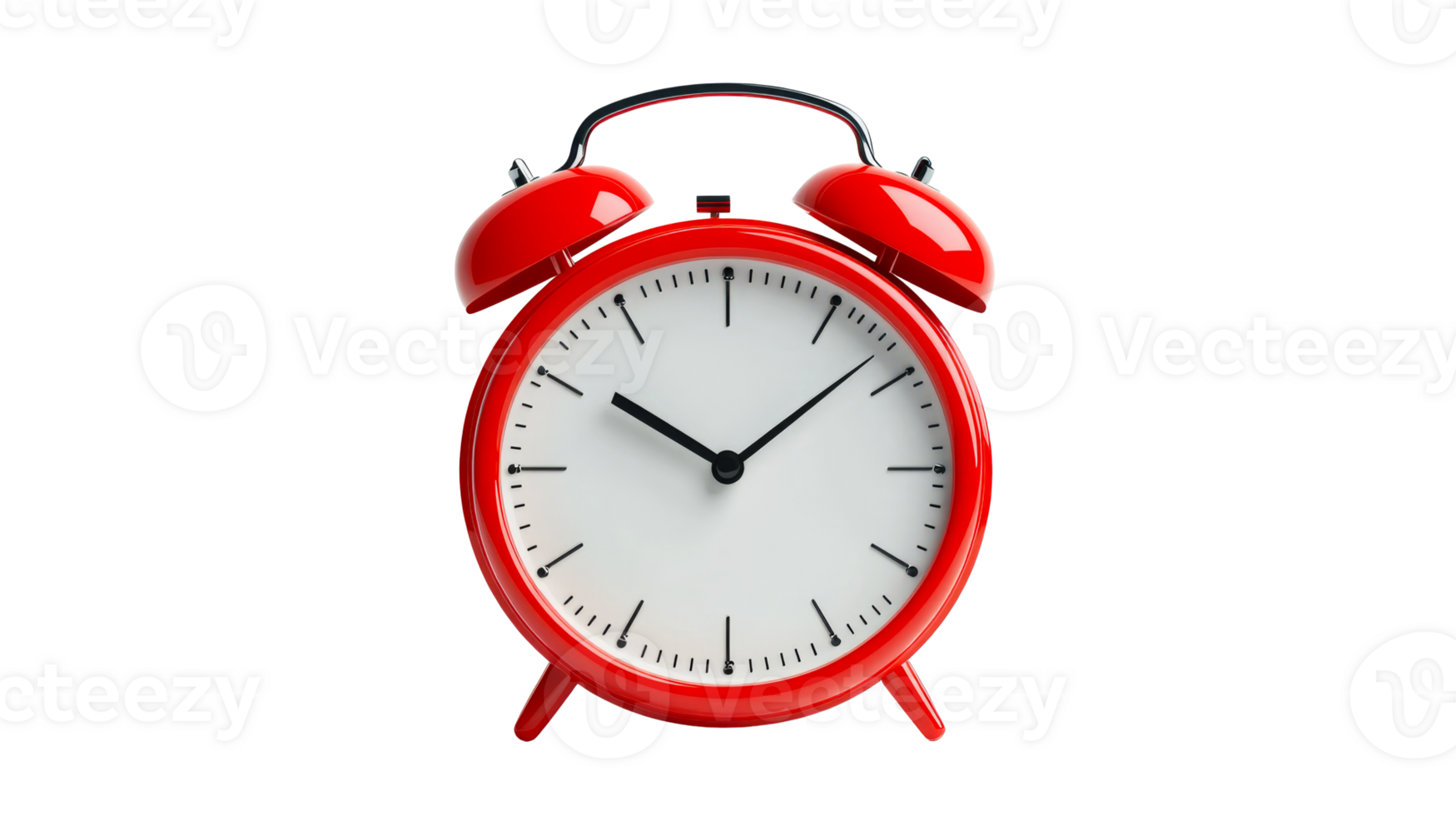 Red alarm clock showing time on white face, timekeeping , cut out transparent png