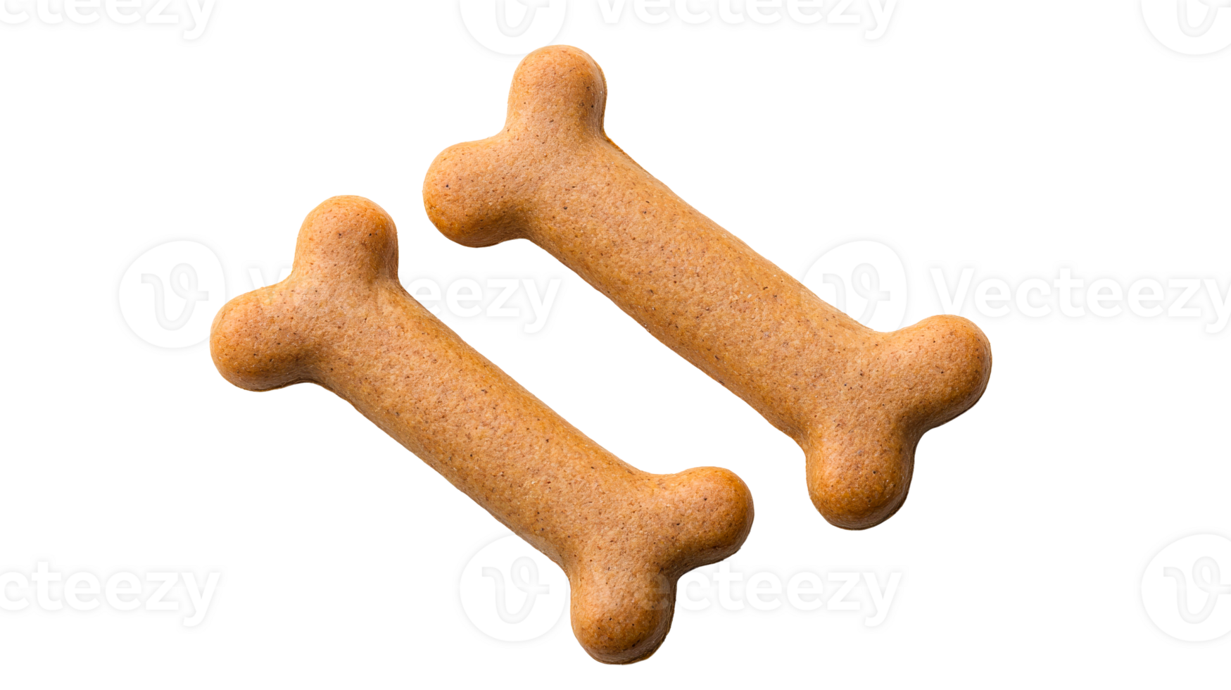 Two biscuit bones lie diagonally on a black background, cut out transparent png