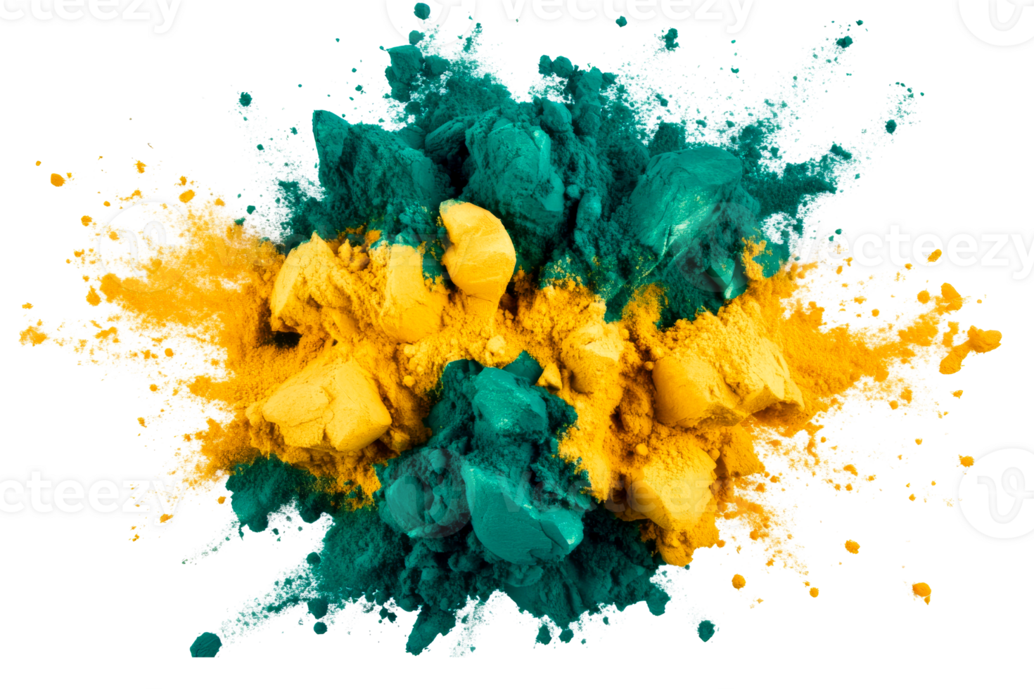 Powder explosion with green and yellow pigment, cut out transparent png