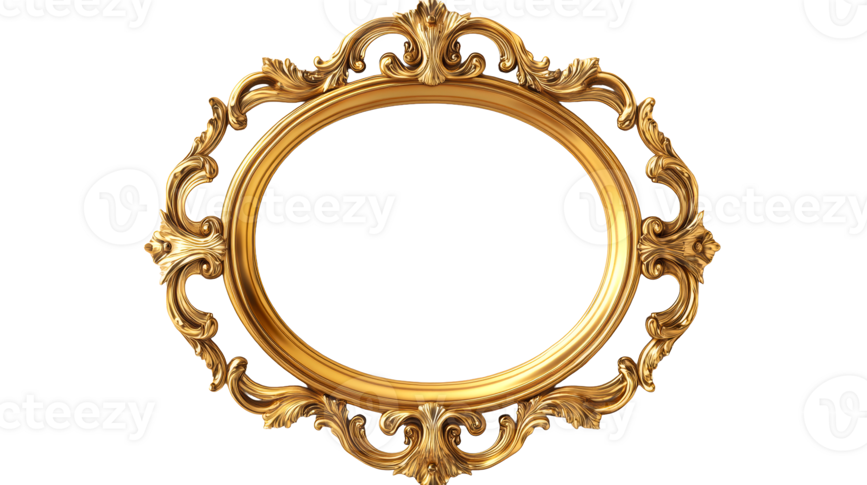 Luxurious golden oval frame with ornate carvings, cut out transparent png