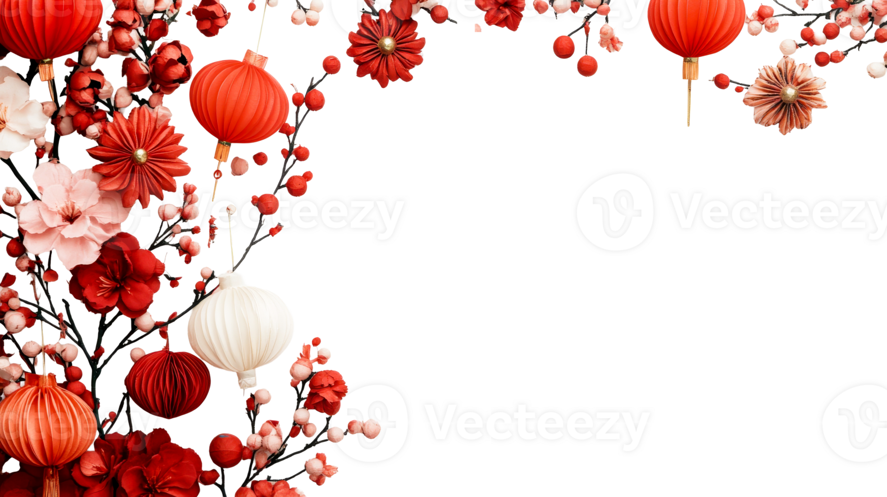 Festive red lanterns and flowers adorn black background, cut out transparent png
