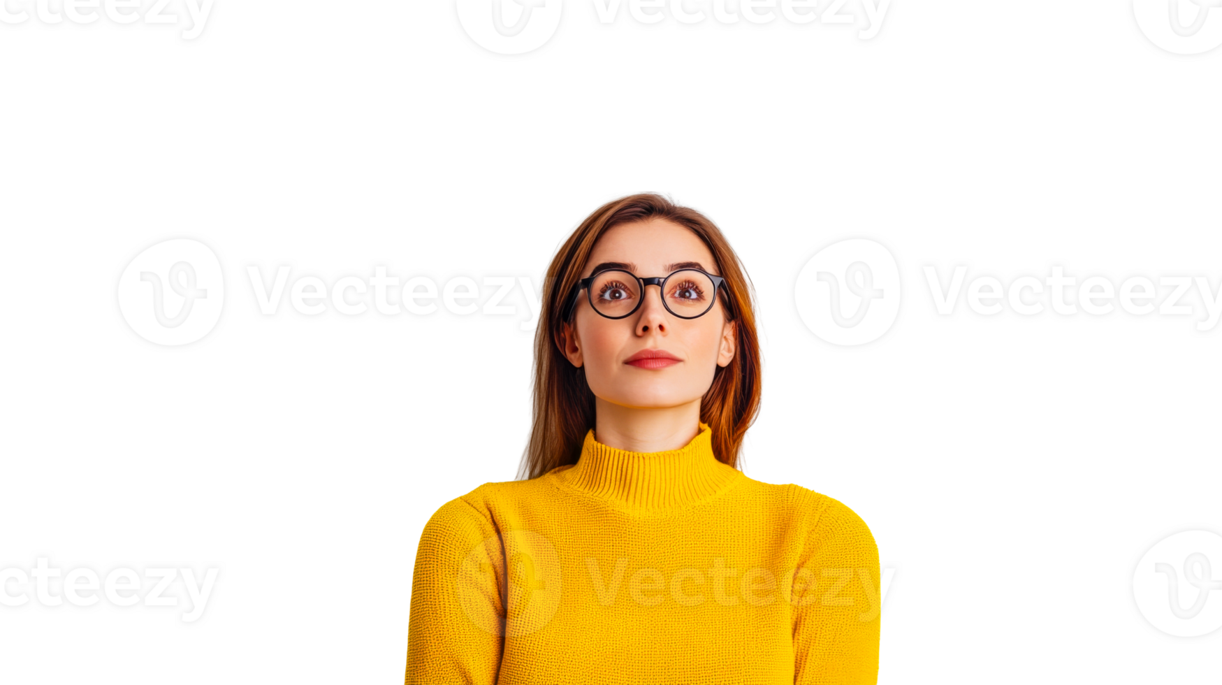 Young woman wearing glasses looking up, cut out transparent png
