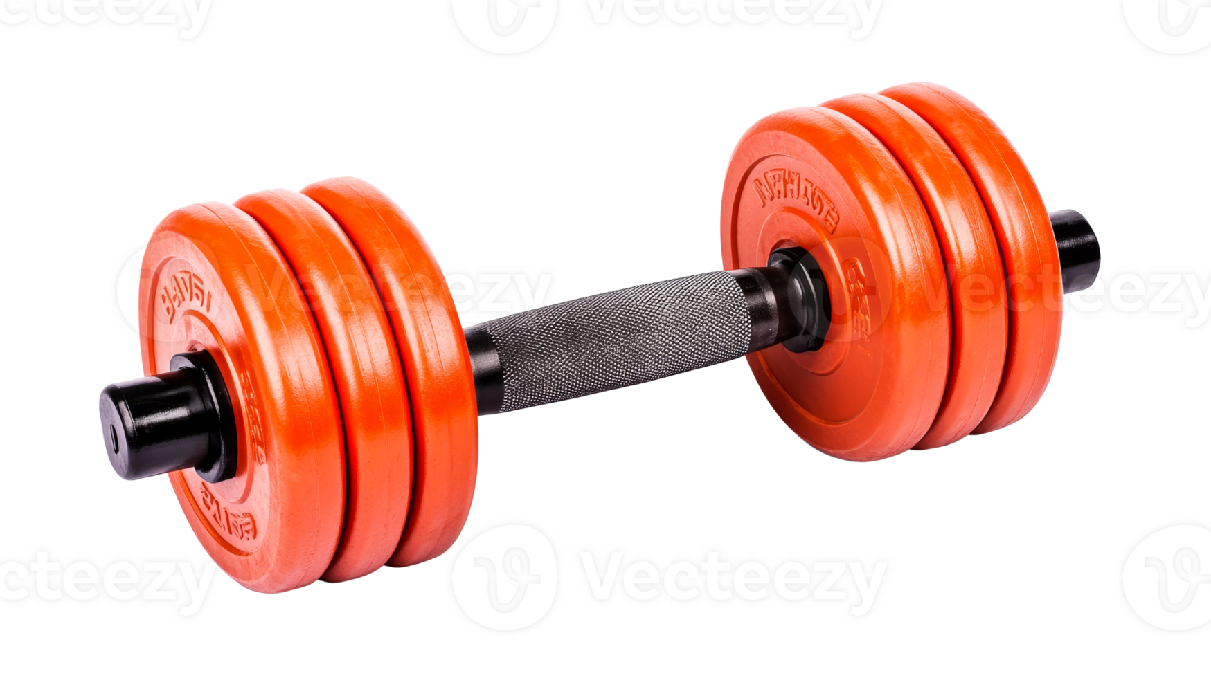 Orange dumbbell with three plates on black background, cut out transparent png