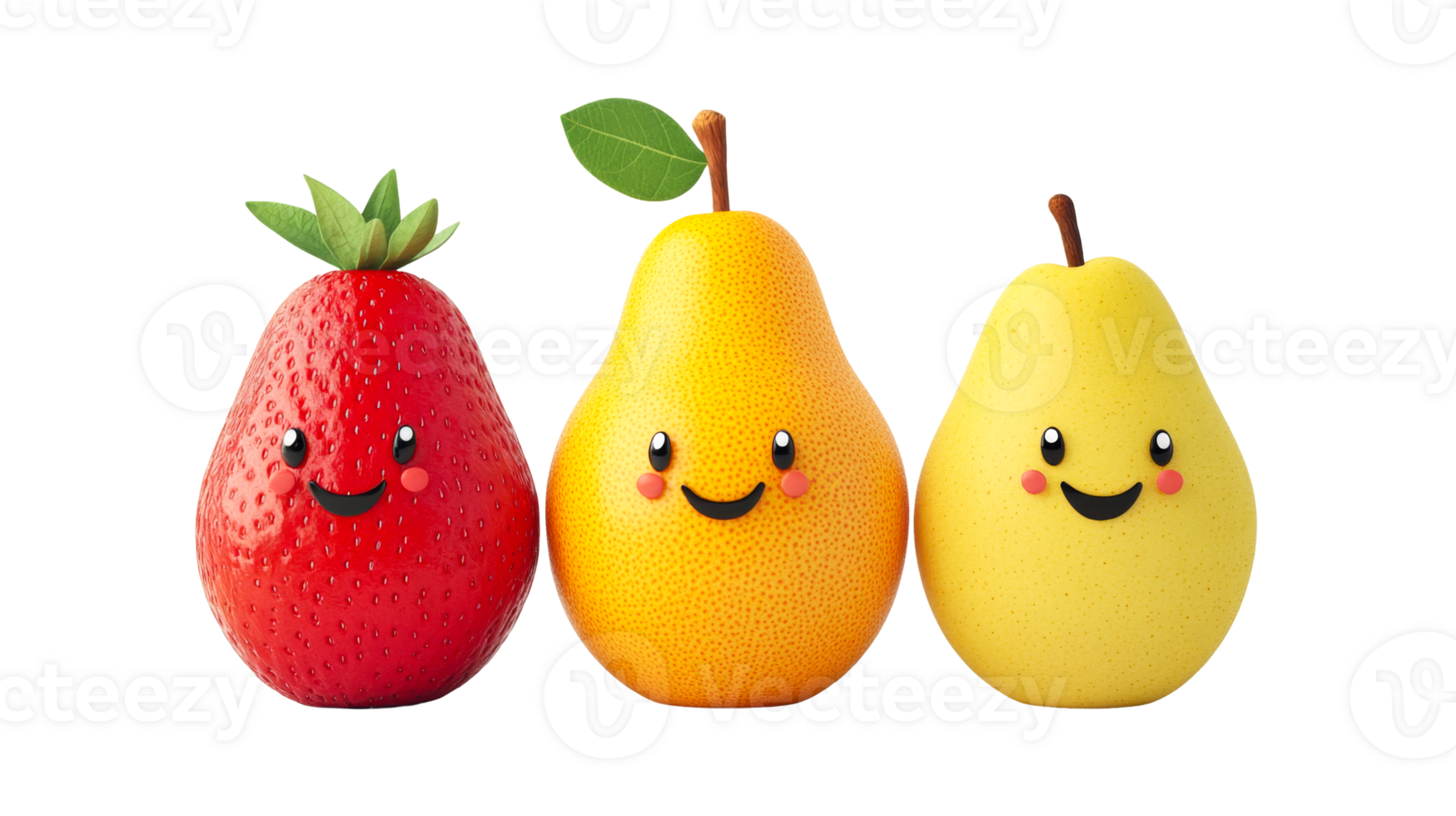 Strawberry, pear, fruit characters, isolated, cute, food, mascot, cut out transparent png