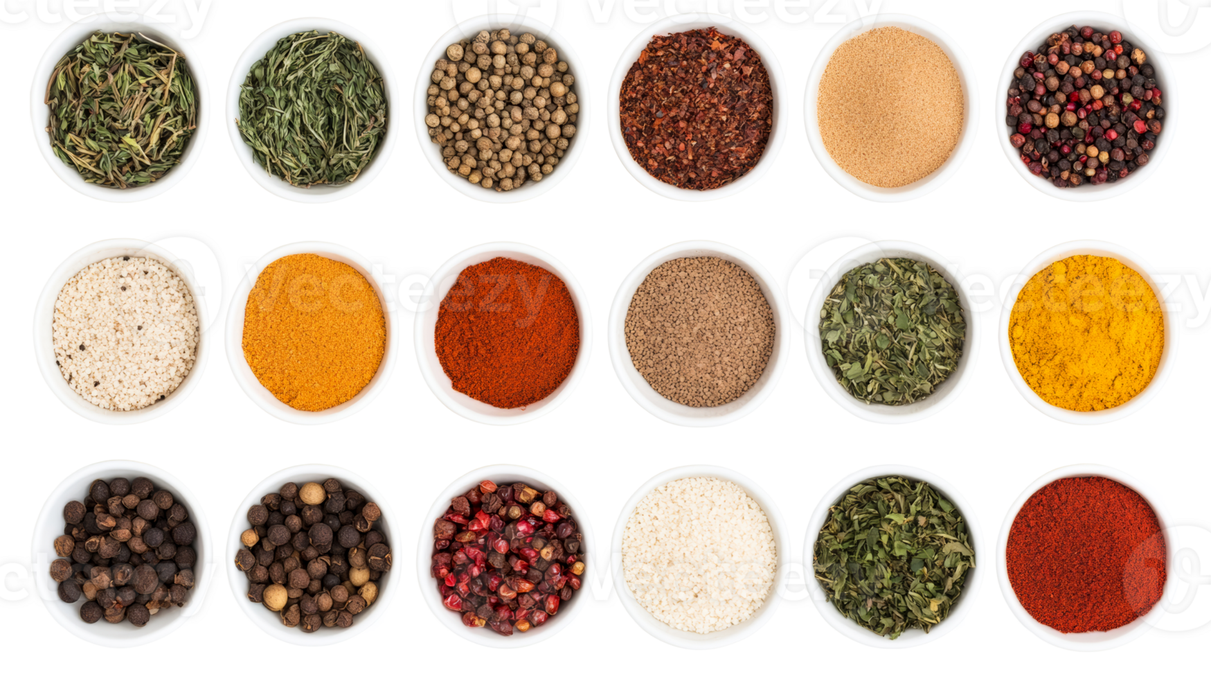 Assortment of culinary spices in bowls, cut out transparent png