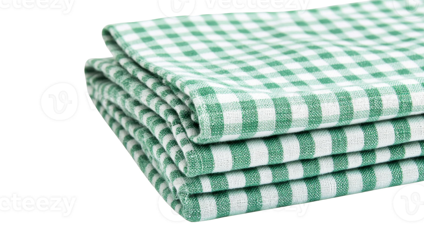 Stack of green checkered napkins on black background, cut out transparent png
