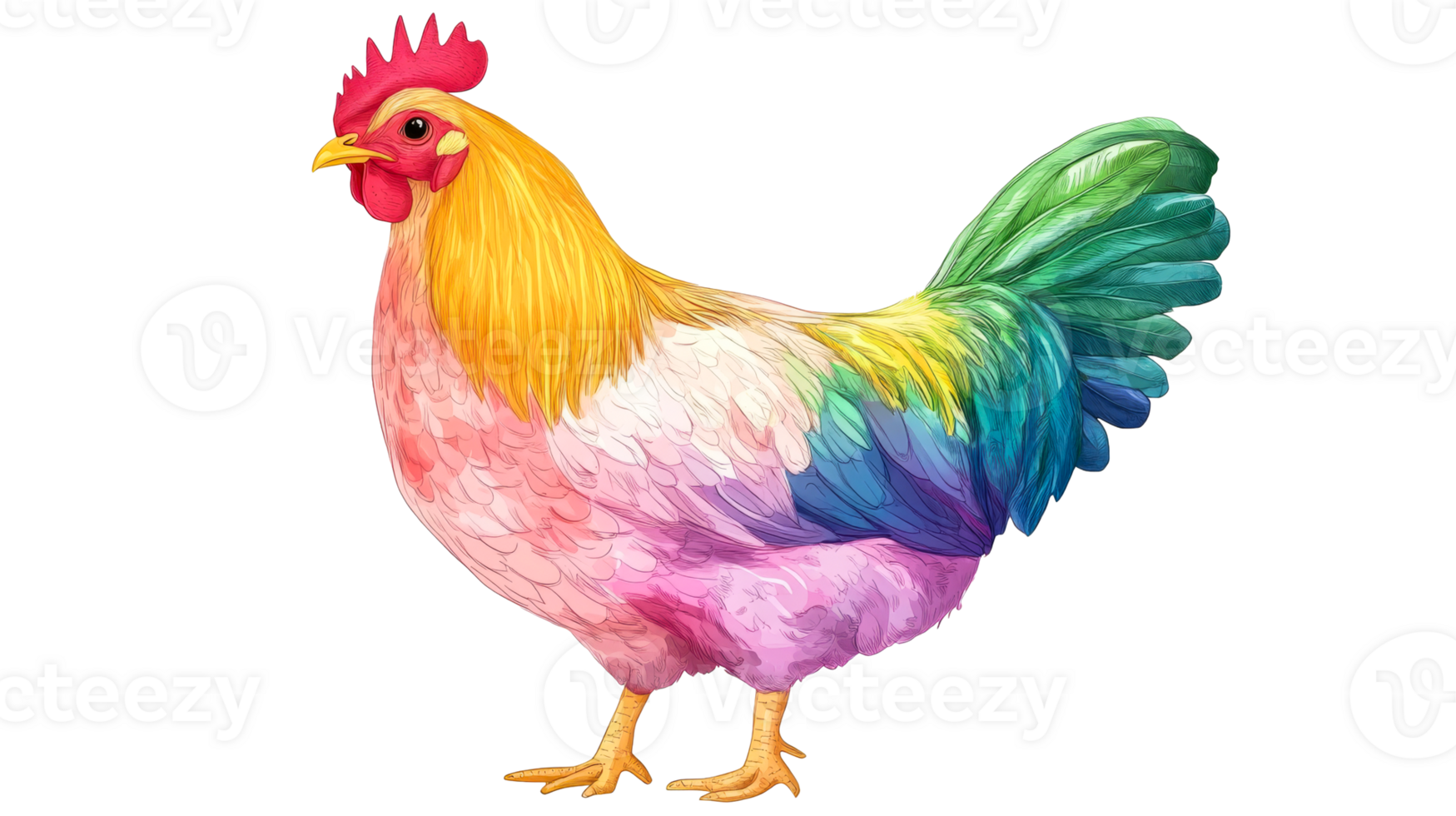 Colorful rooster stands proud, artful design element, vibrant illustration, cut out transparent png