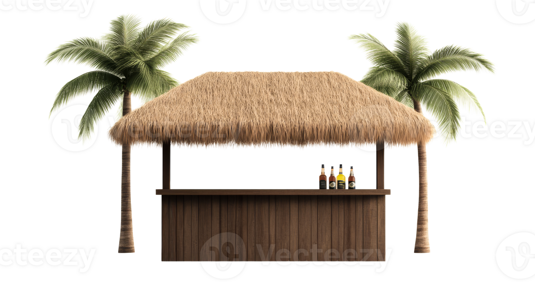 Beach hut bar with palms, tropical resort, isolated, cut out transparent png