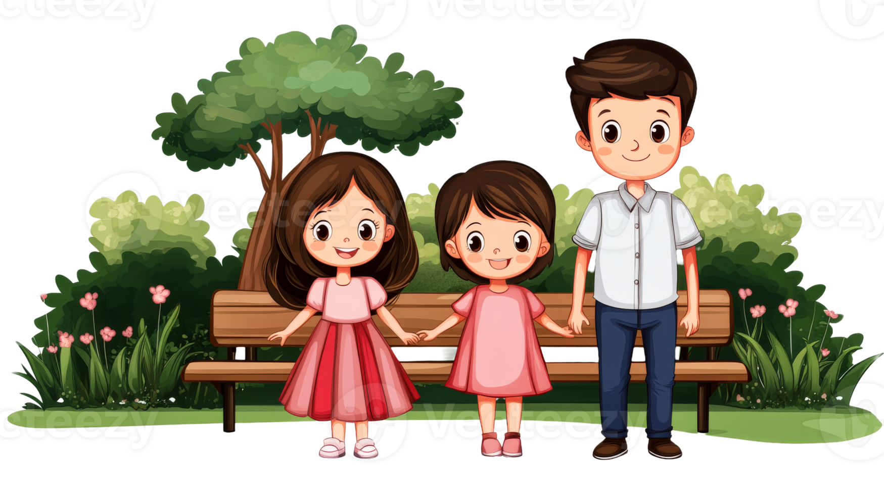 Cartoon dad with daughters holding hands in park, cut out transparent png