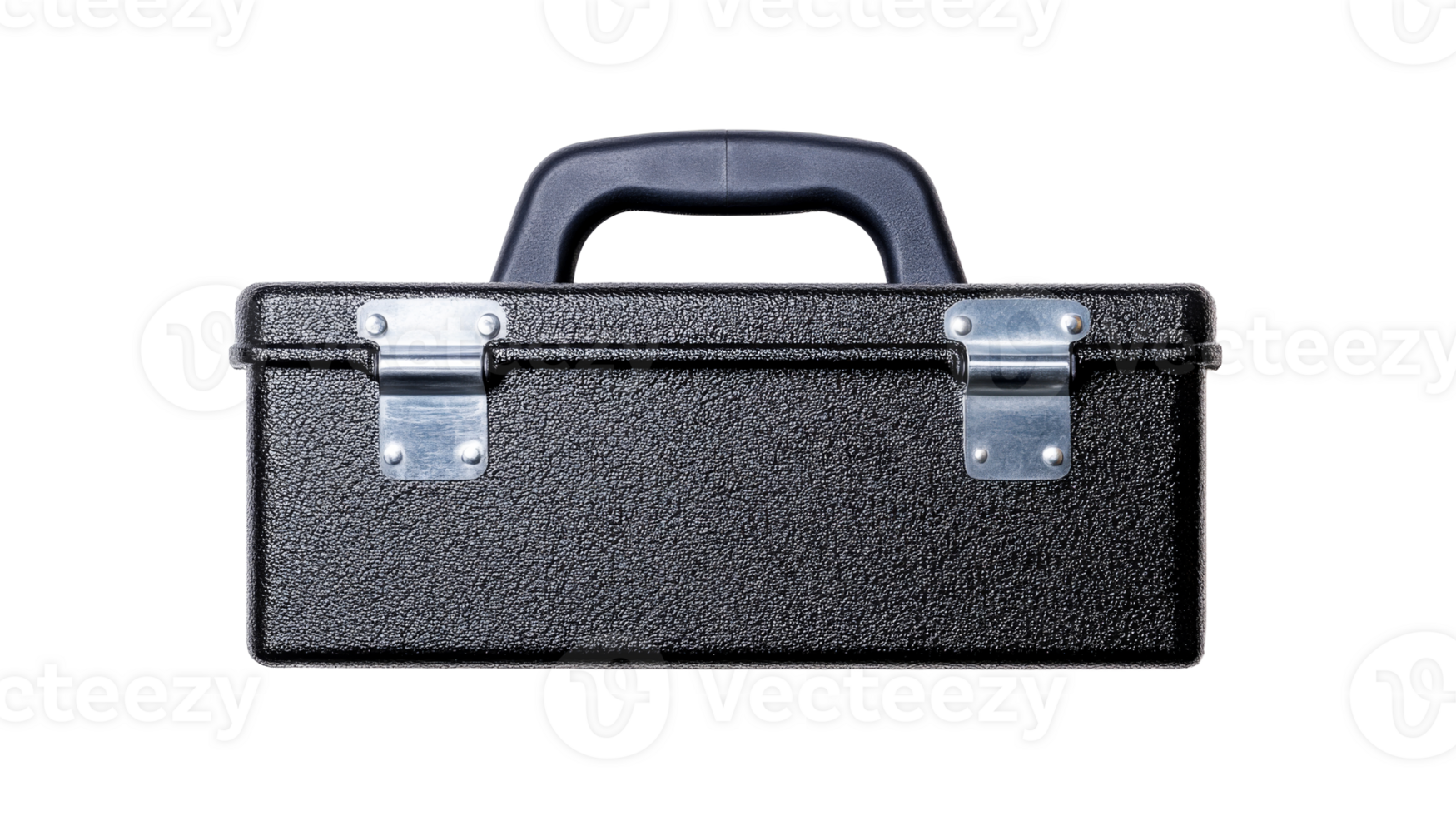 Black tool box with metal latches, equipment container, cut out transparent png