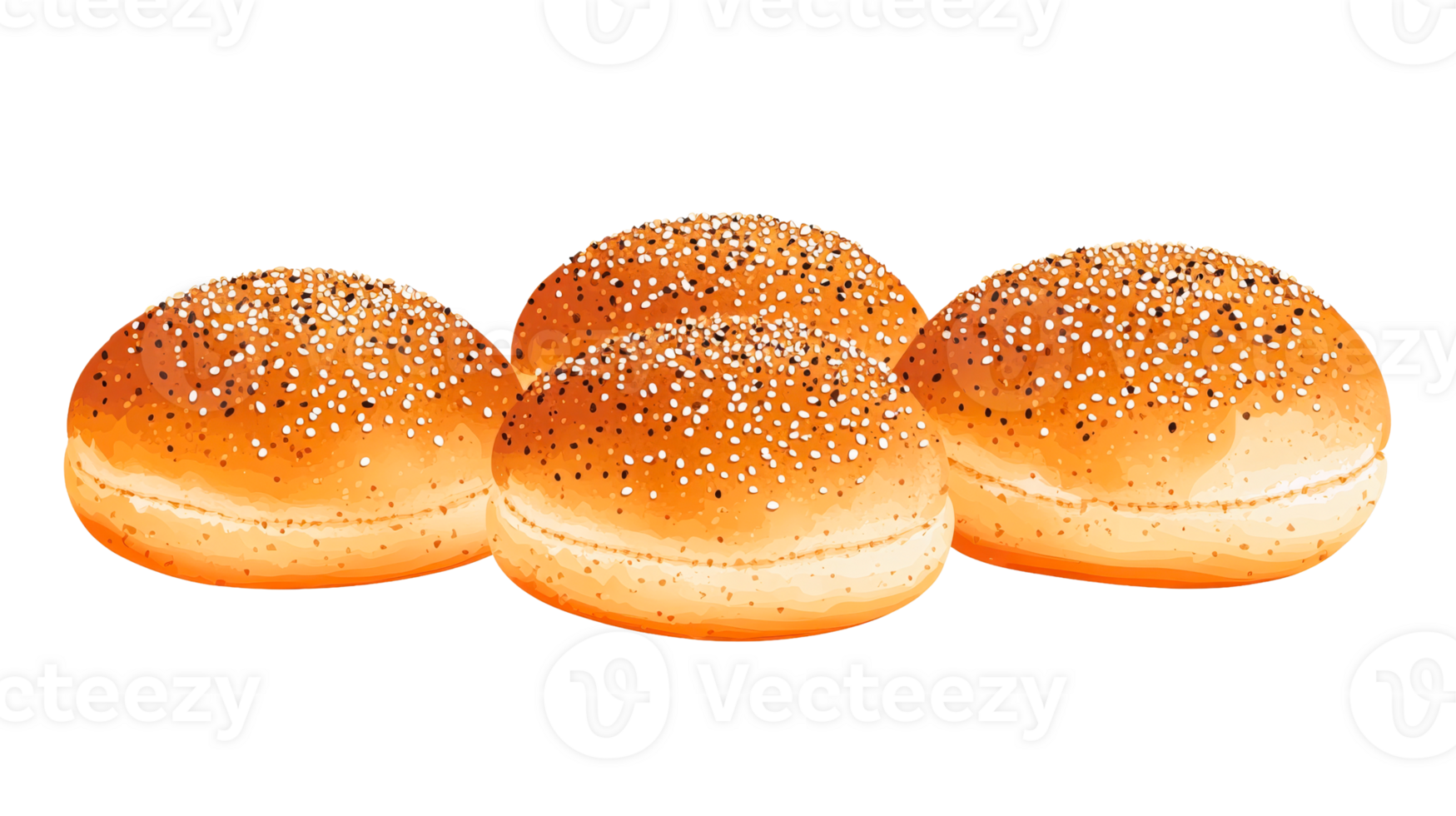Four burger buns covered with sesame seeds, cut out transparent png