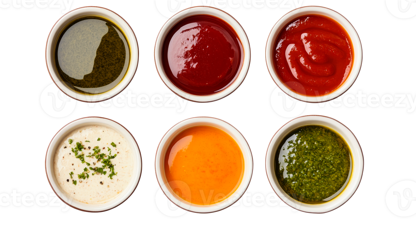 Bowls with different sauces, delicious condiments, cut out transparent png