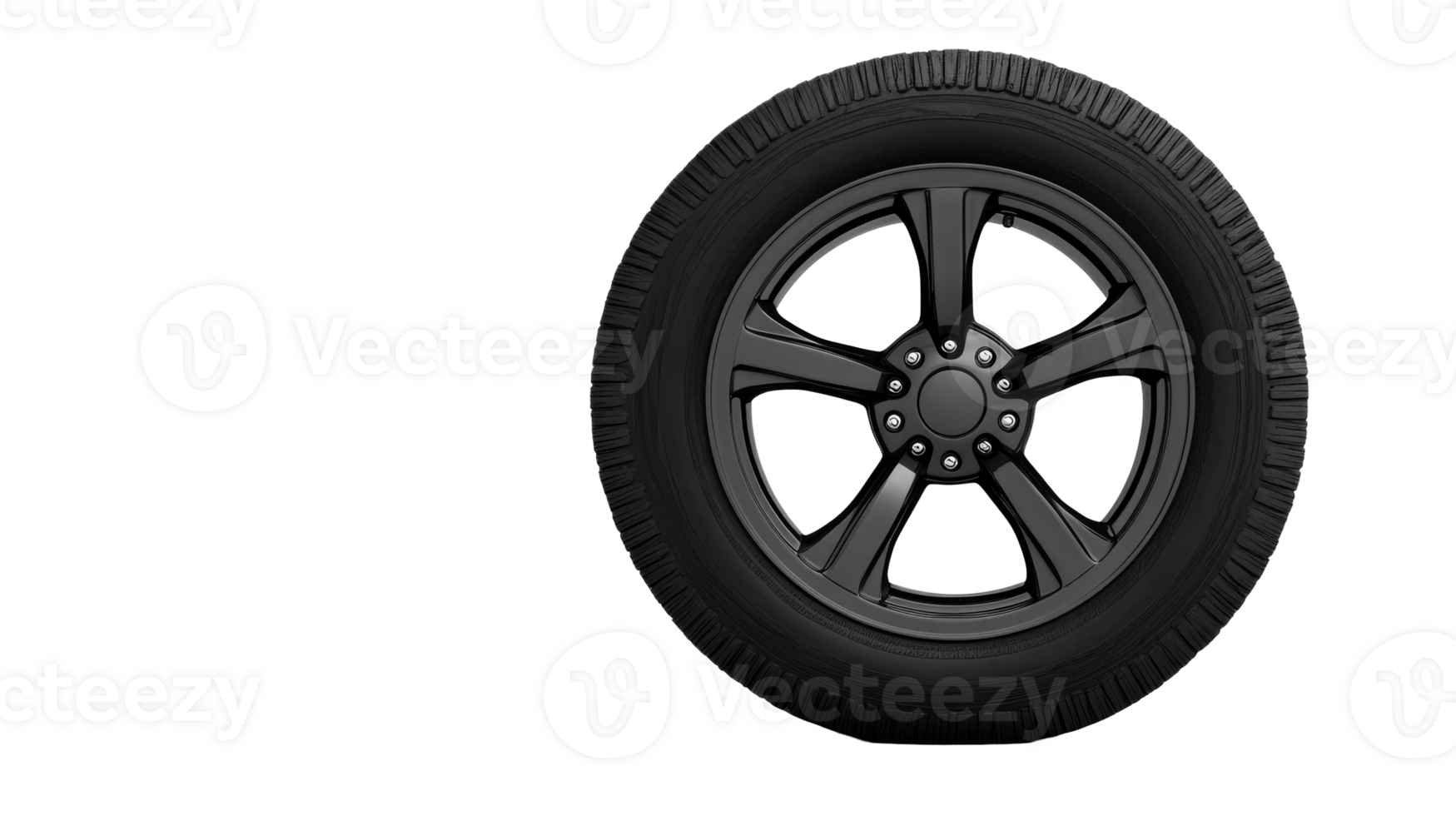 Auto tire with black rim and protector against black background, cut out transparent png