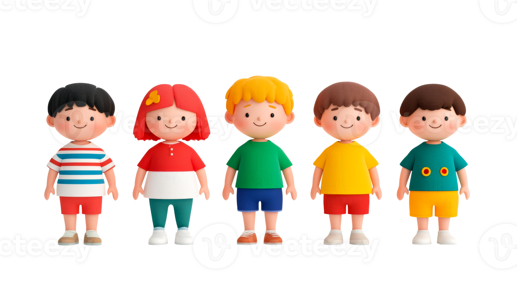Diverse group of children in colorful cartoon style, cut out transparent png