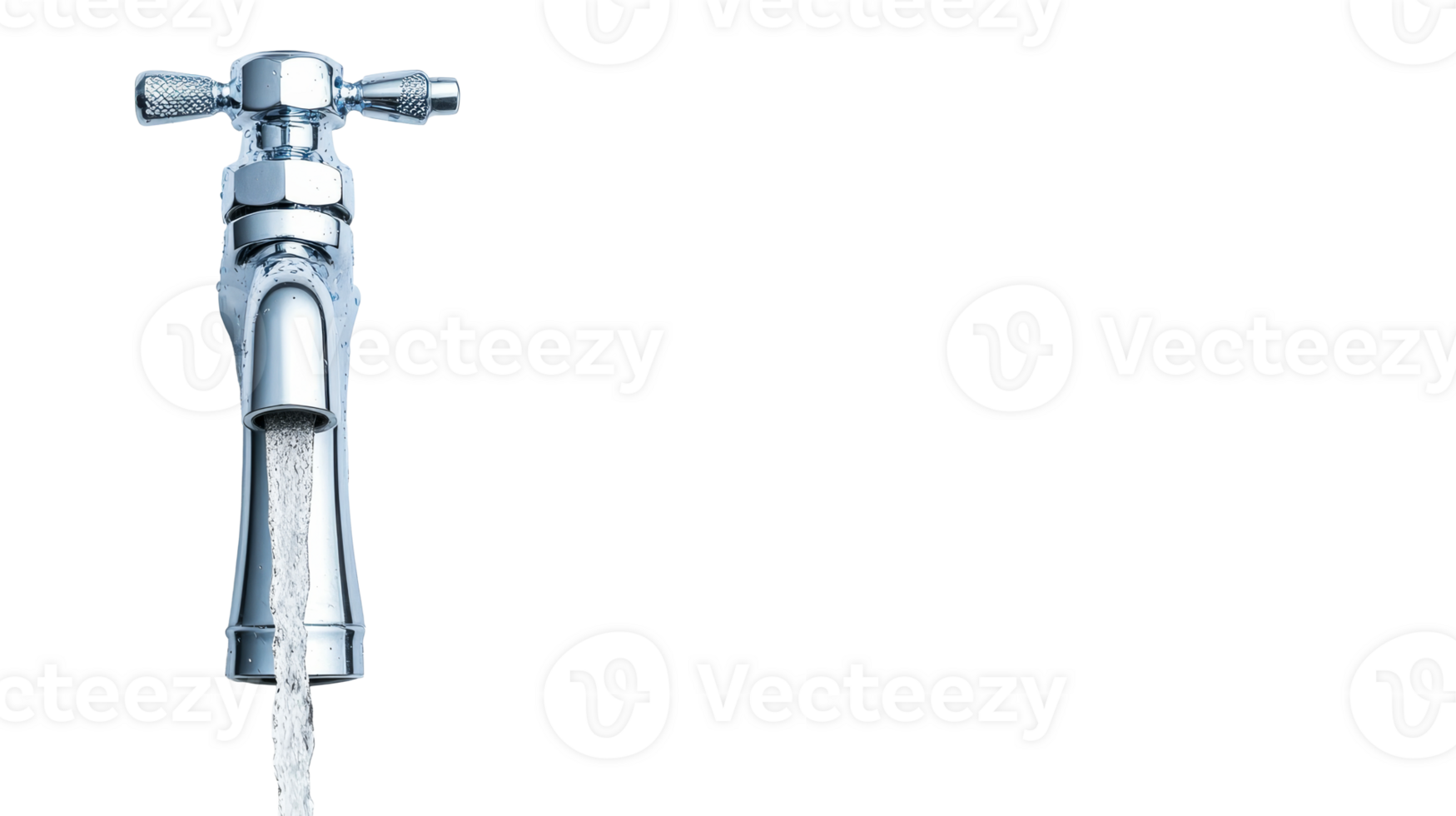 Gleaming Faucet with Water Stream on Black, cut out transparent png