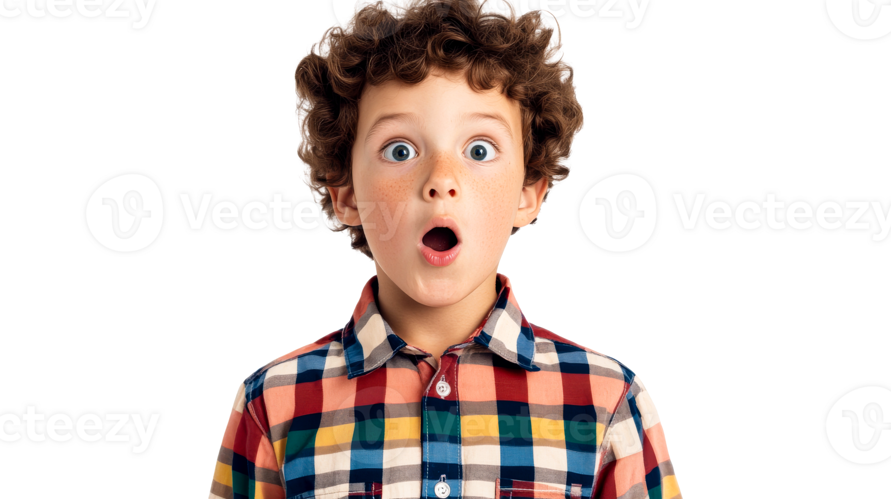 Shocked young boy with curly hair wearing plaid shirt, cut out transparent png