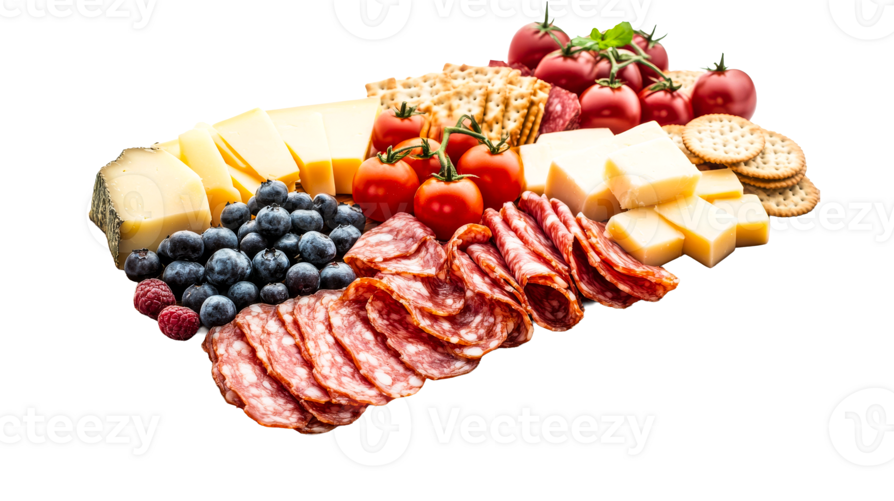 Charcuterie board assortment with cheese, salami, and berries, cut out transparent png