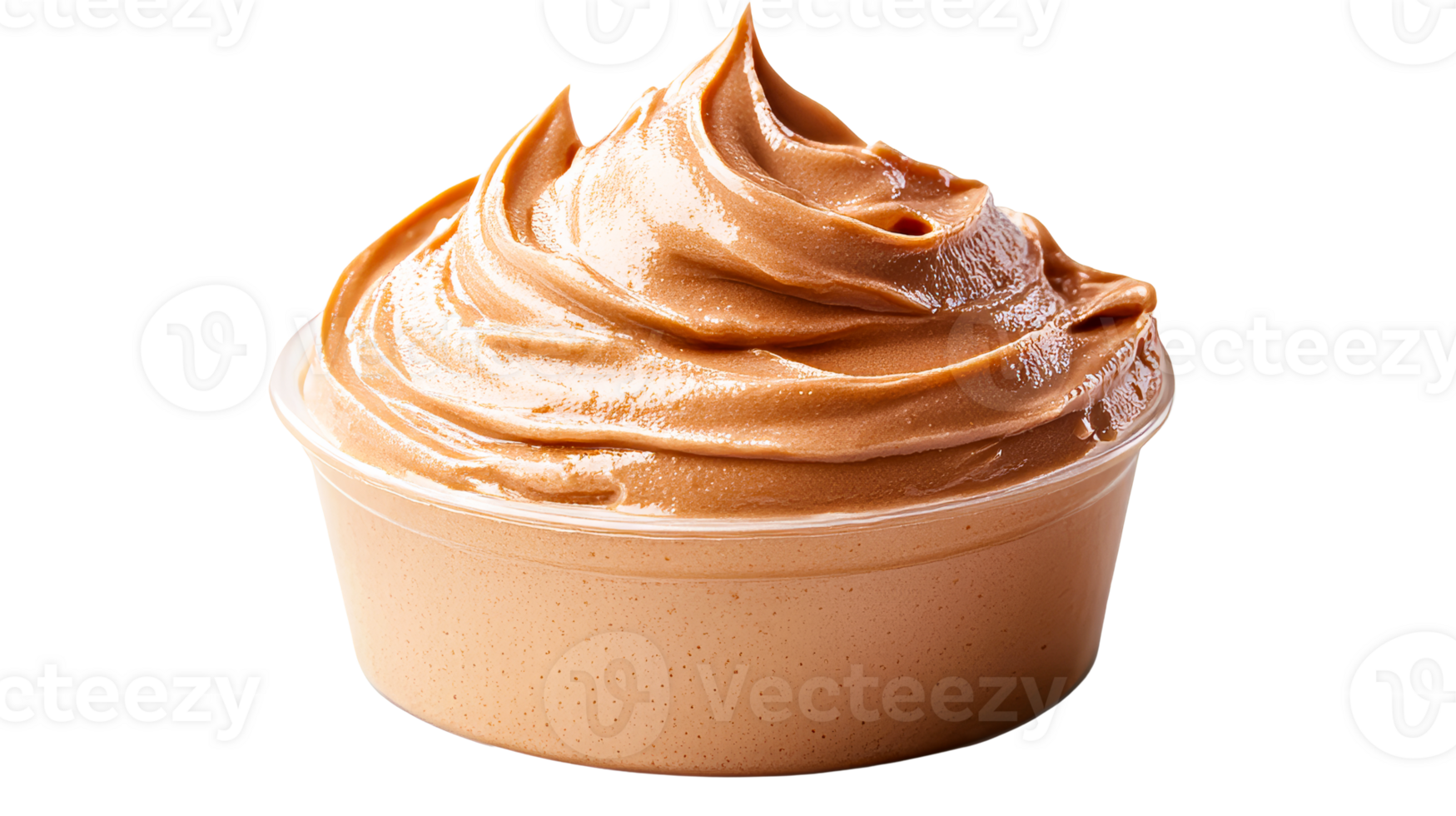 Mousse dessert in clear plastic container, creamy caramel, cut out transparent png