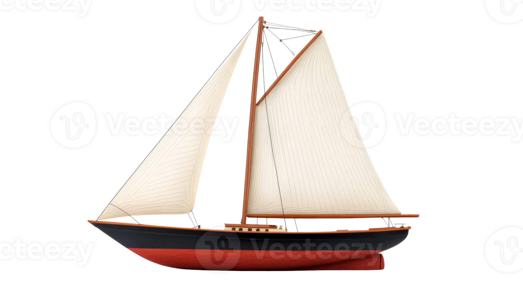 Sailboat with two sails at wind, black and red hull, cut out transparent png