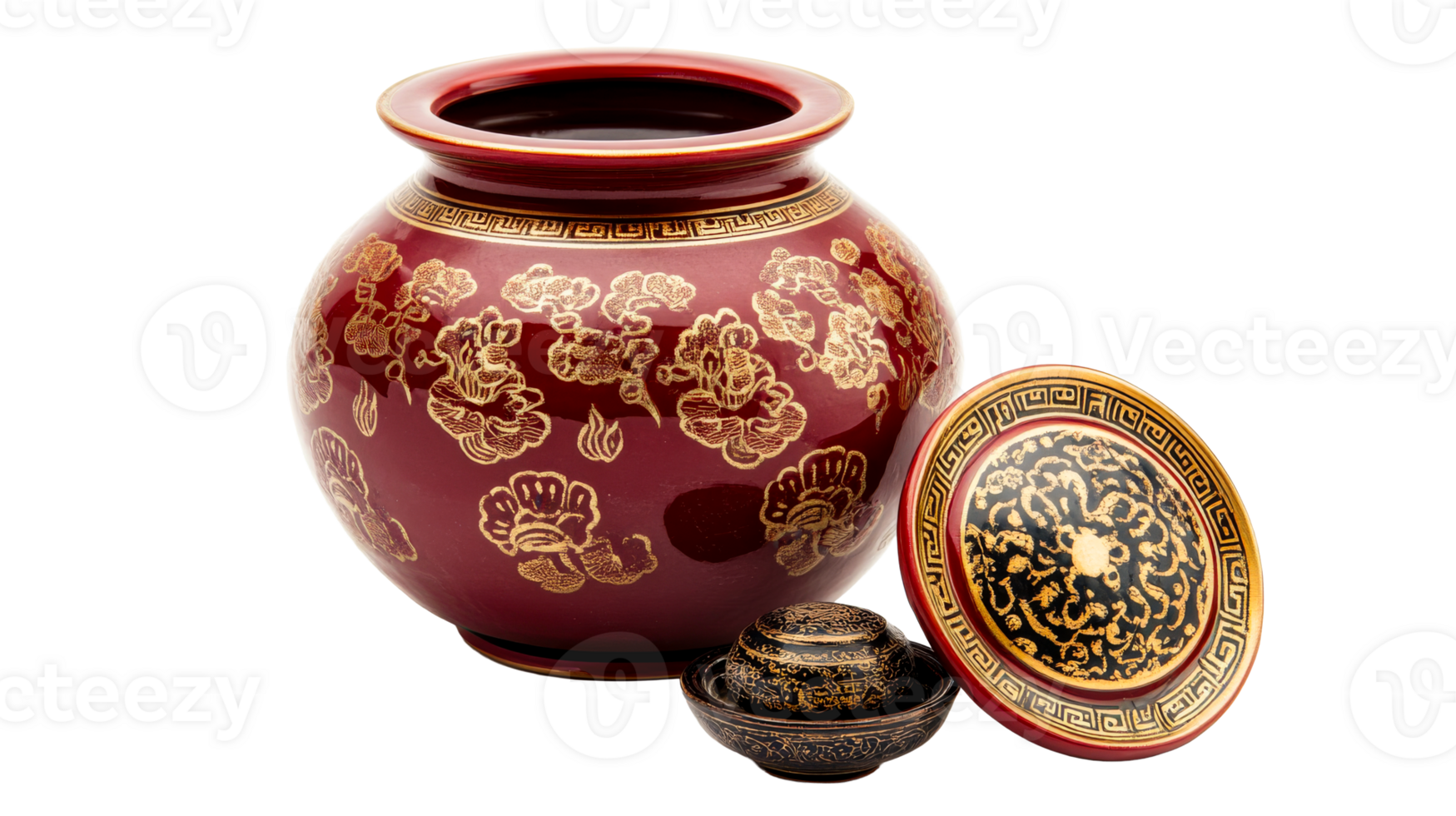 Red ceramic pot with gold ornament, open lid and base, cut out transparent png