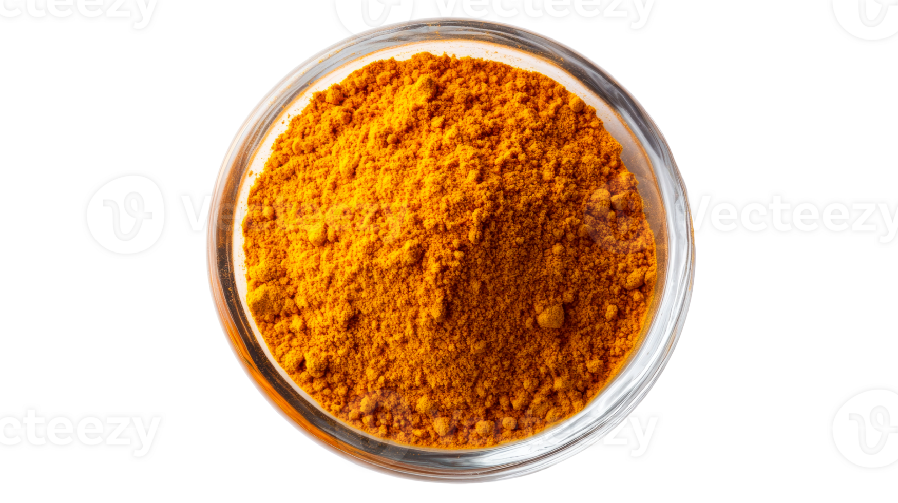 Turmeric spice powder in glass bowl, food ingredient, cut out transparent png
