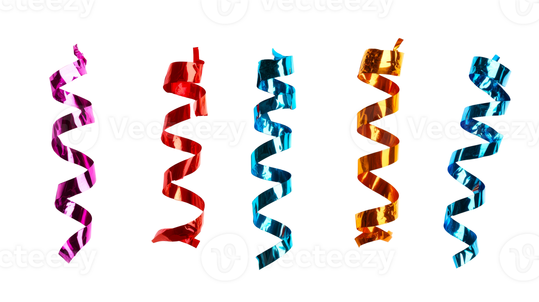 Colorful serpentine streamers, festive decorations on black background, cut out transparent png