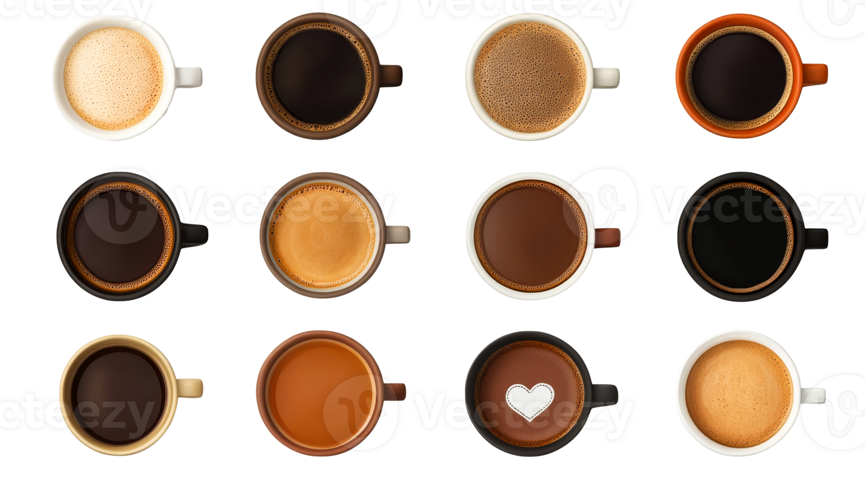 Set of coffee cups with different types of coffee, cut out transparent png