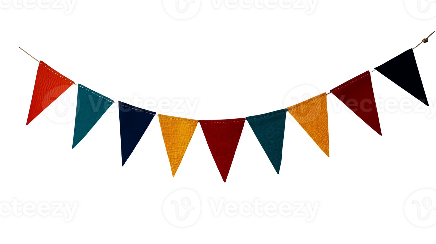 Colorful triangle flags strung together on a black background, cut out transparent png
