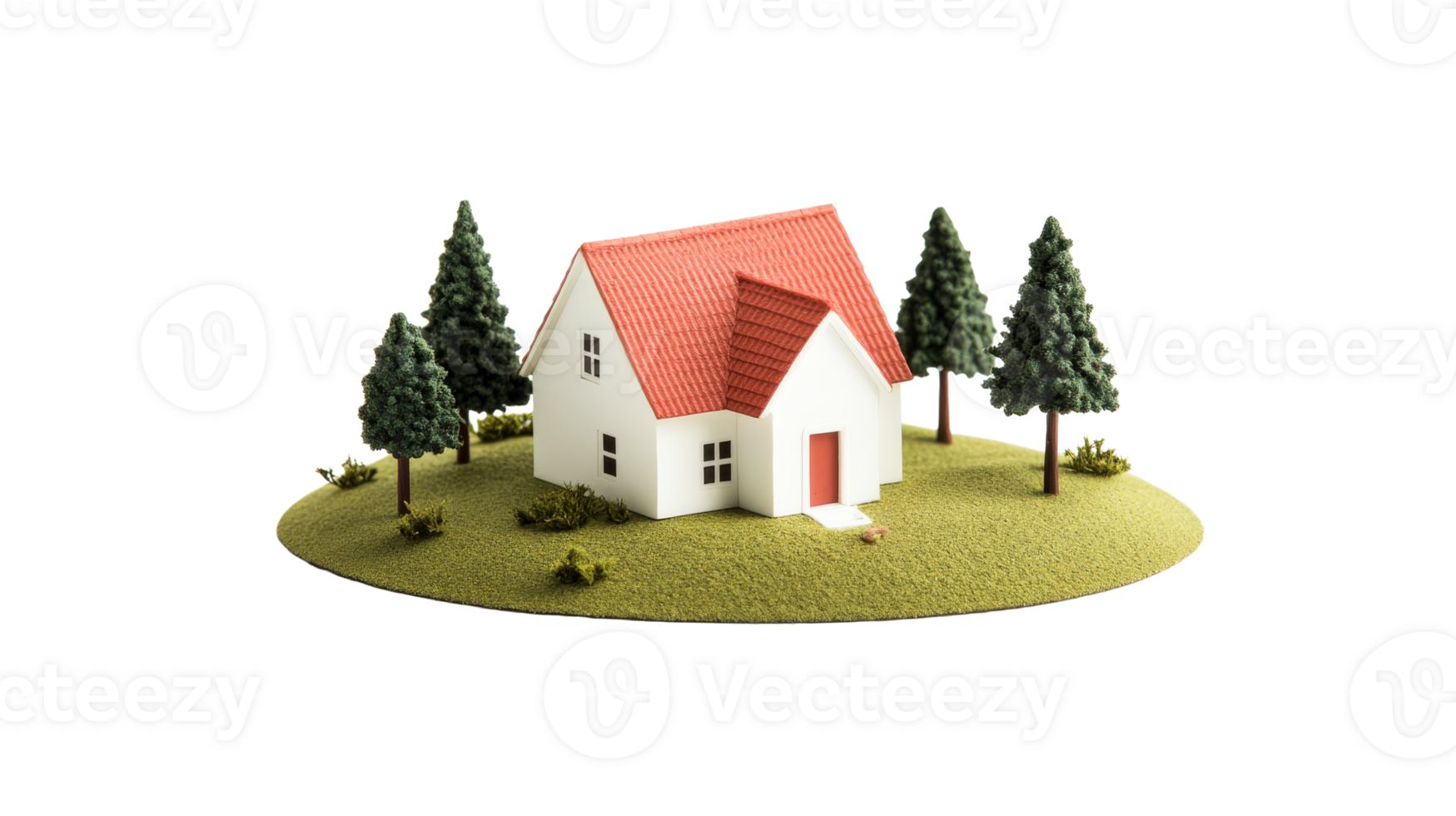 Tiny house model with trees on green island, cut out transparent png