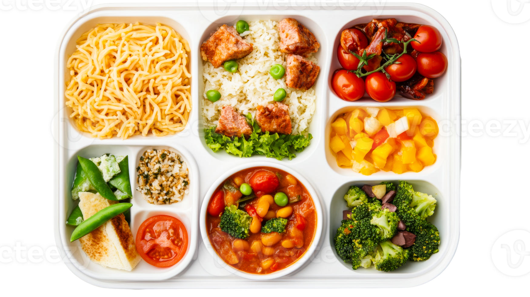 Healthy food delivery tray with spaghetti, meat, vegetables, cut out transparent png