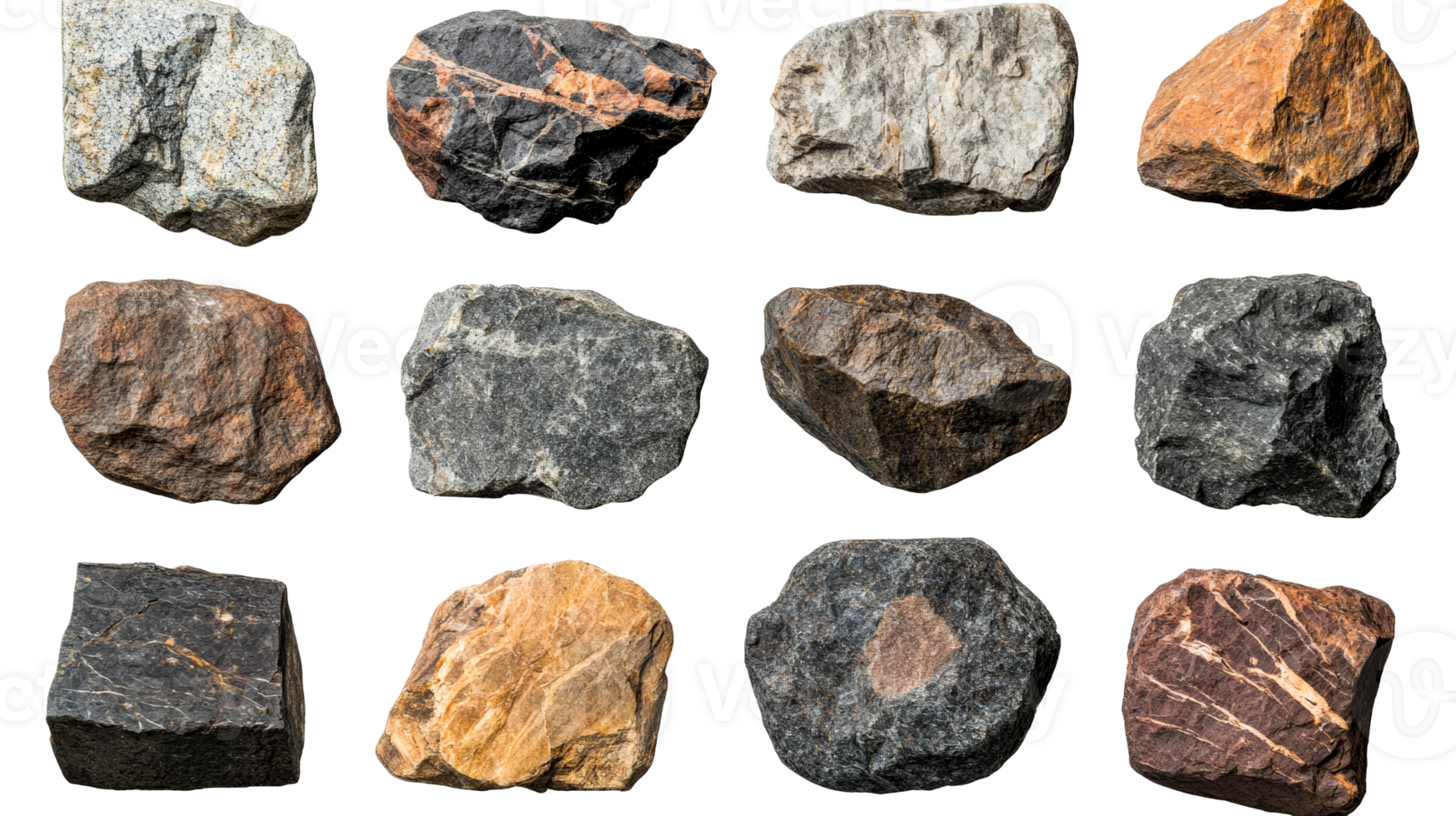Assortment of rough rock samples, various textures and colors, cut out transparent png