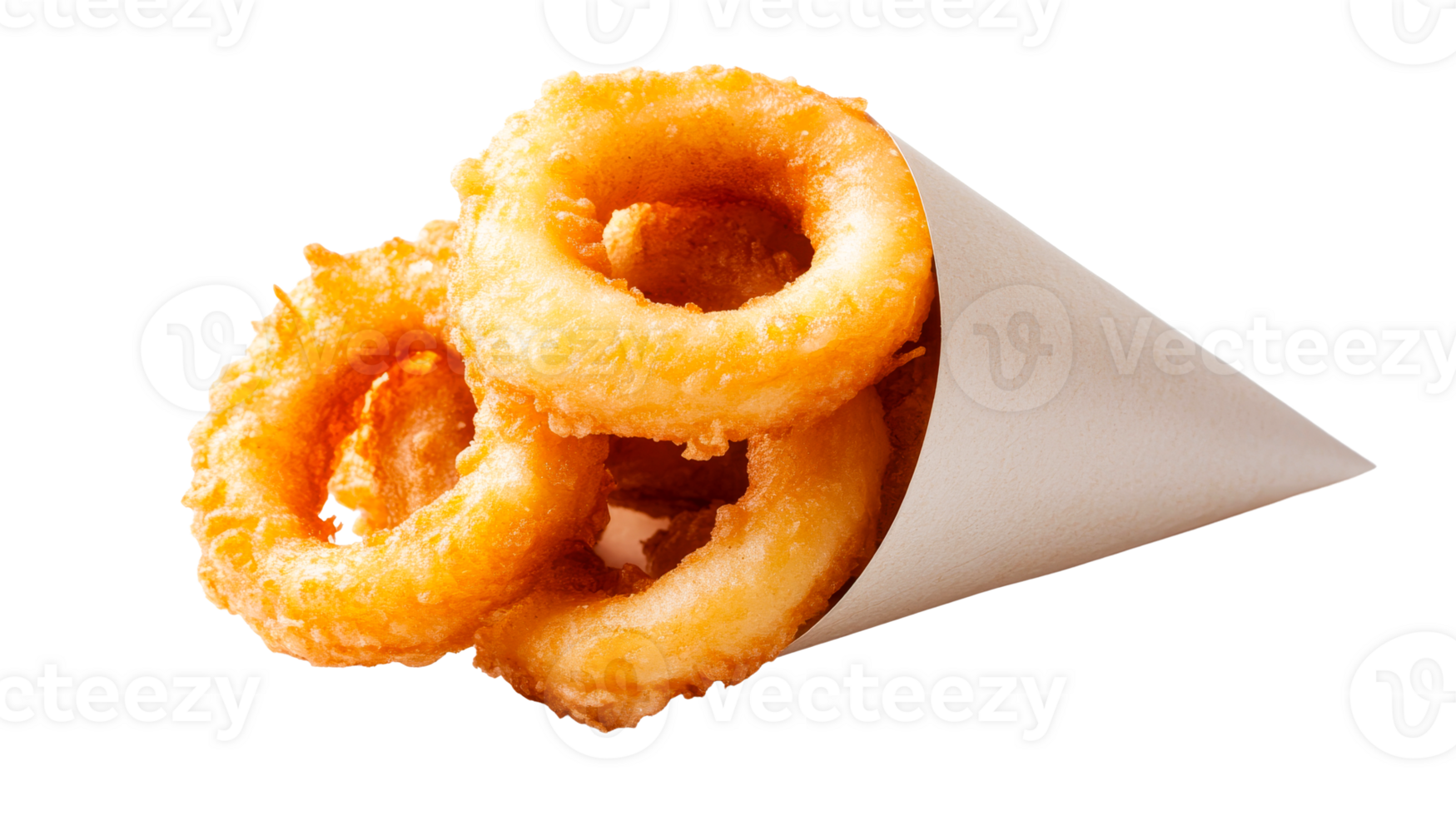 Golden onion rings in paper cone, deep fried, appetizer, cut out transparent png