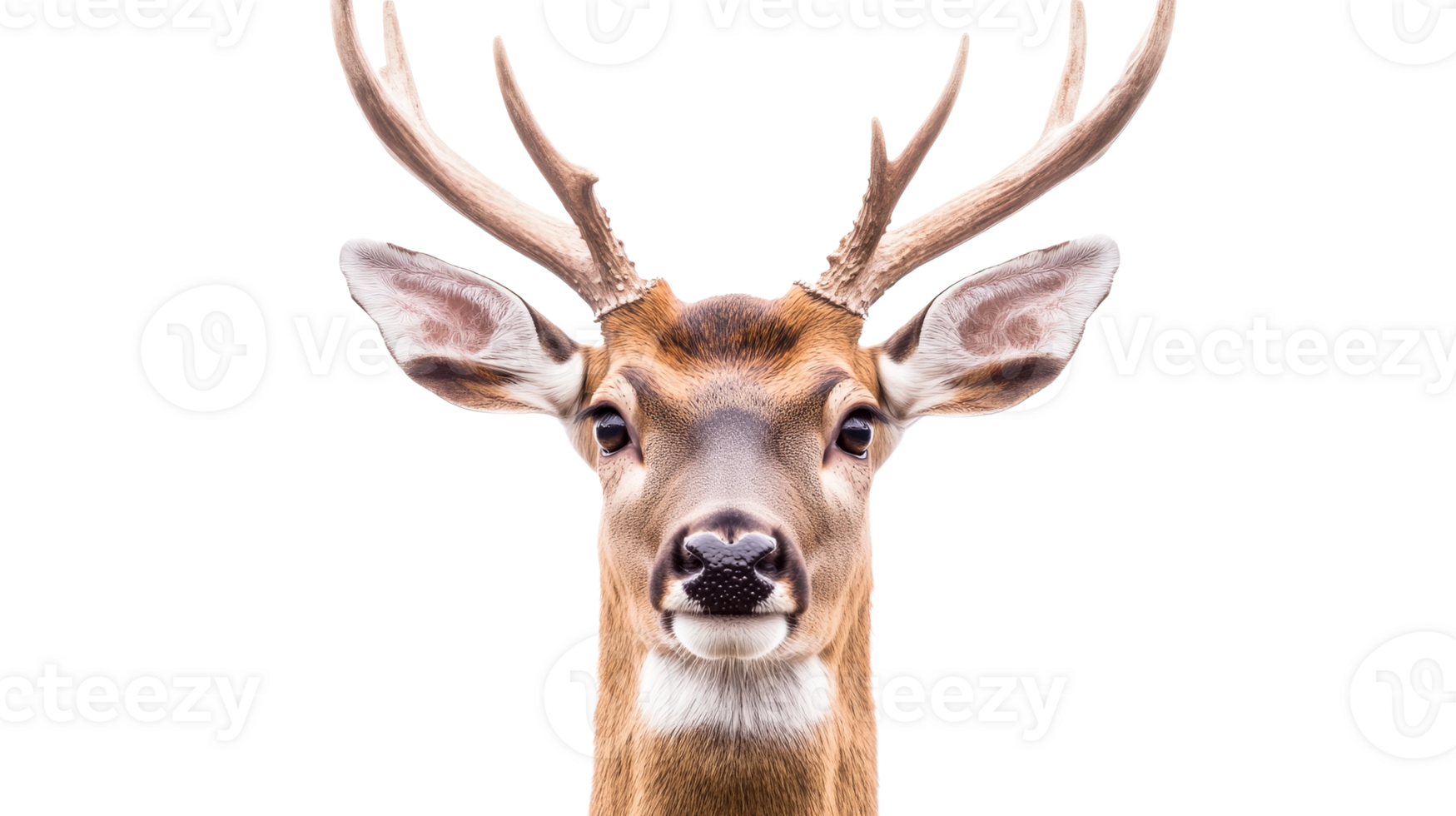 Deer portrait isolated against a black backdrop, cut out transparent png