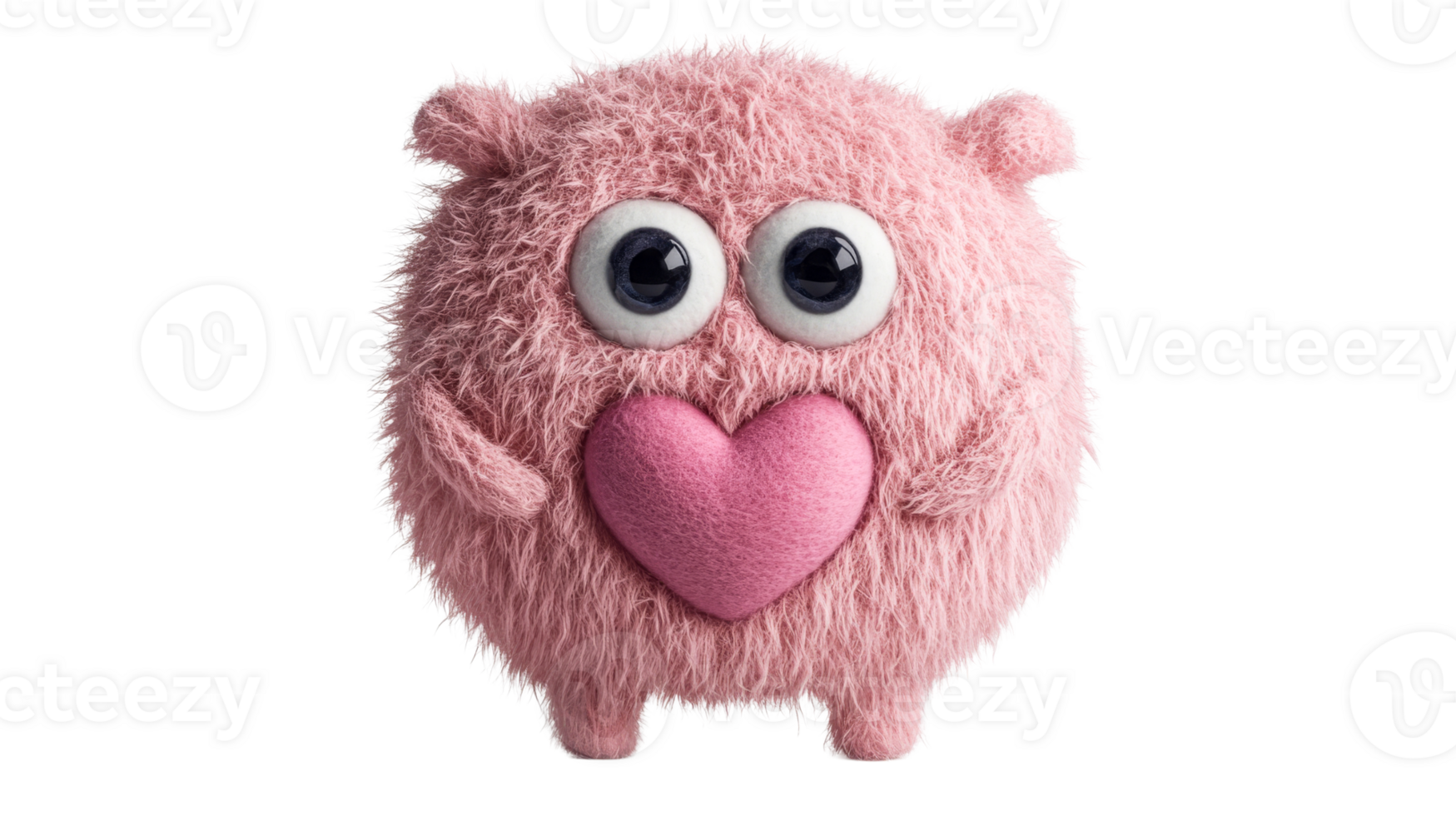 Pink fluffy monster with heart, isolated on black background, cut out transparent png