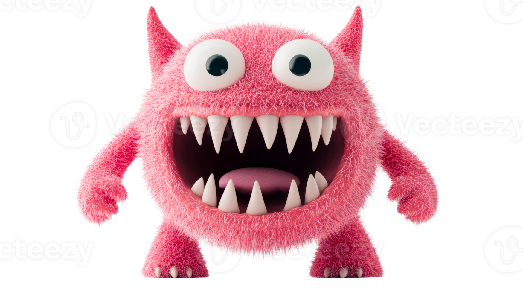 Pink furry monster with big eyes and sharp teeth, cut out transparent png