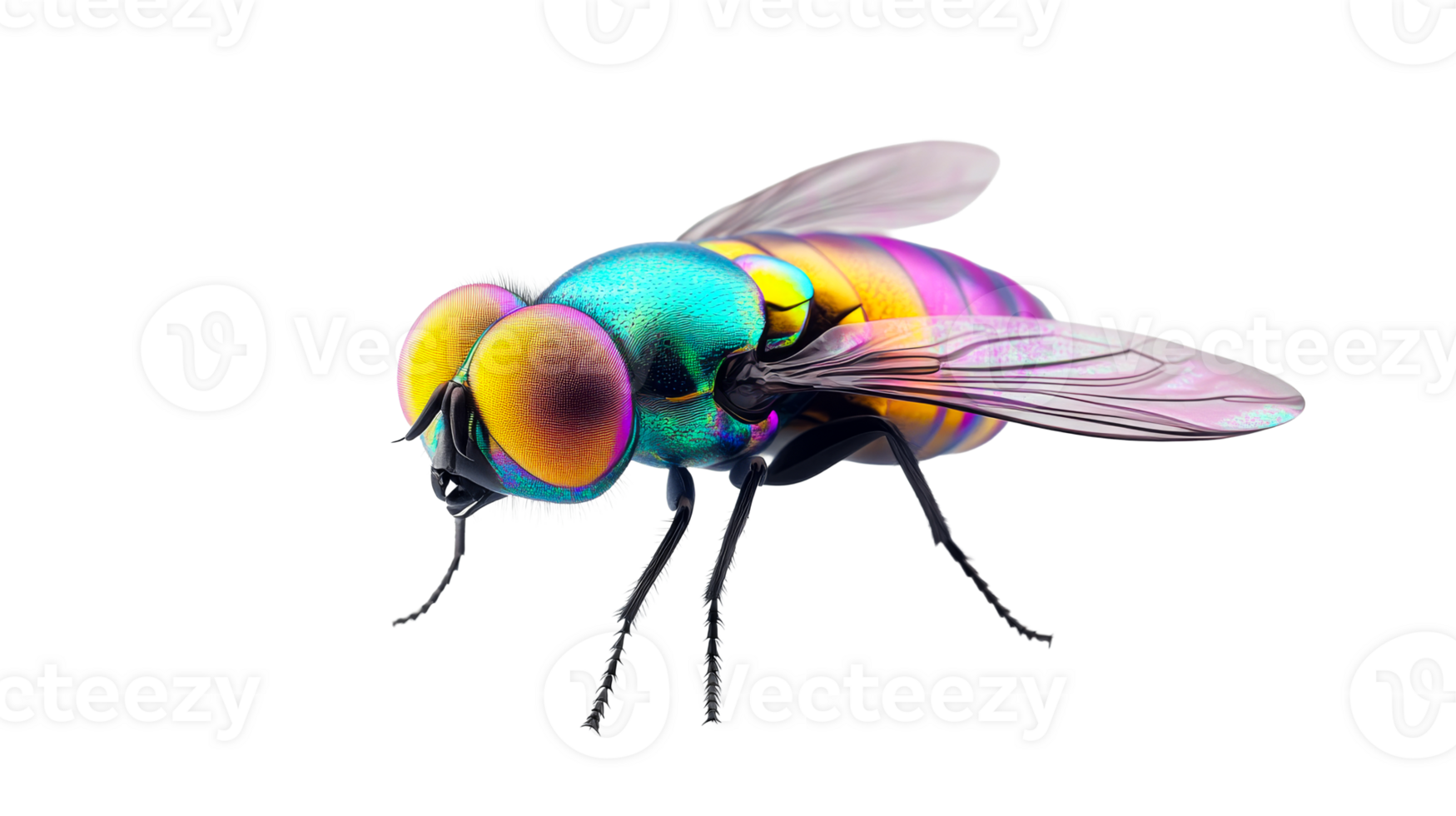 Iridescent fly, macro insect, fantasy colors, black backdrop, cut out transparent png