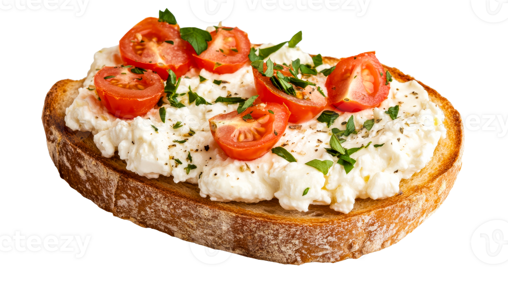 Open sandwich with cottage cheese and tomatoes, cut out transparent png