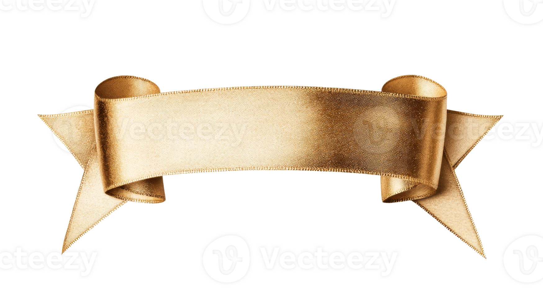 Golden satin ribbon banner with curled edges and elegant texture, cut out transparent png