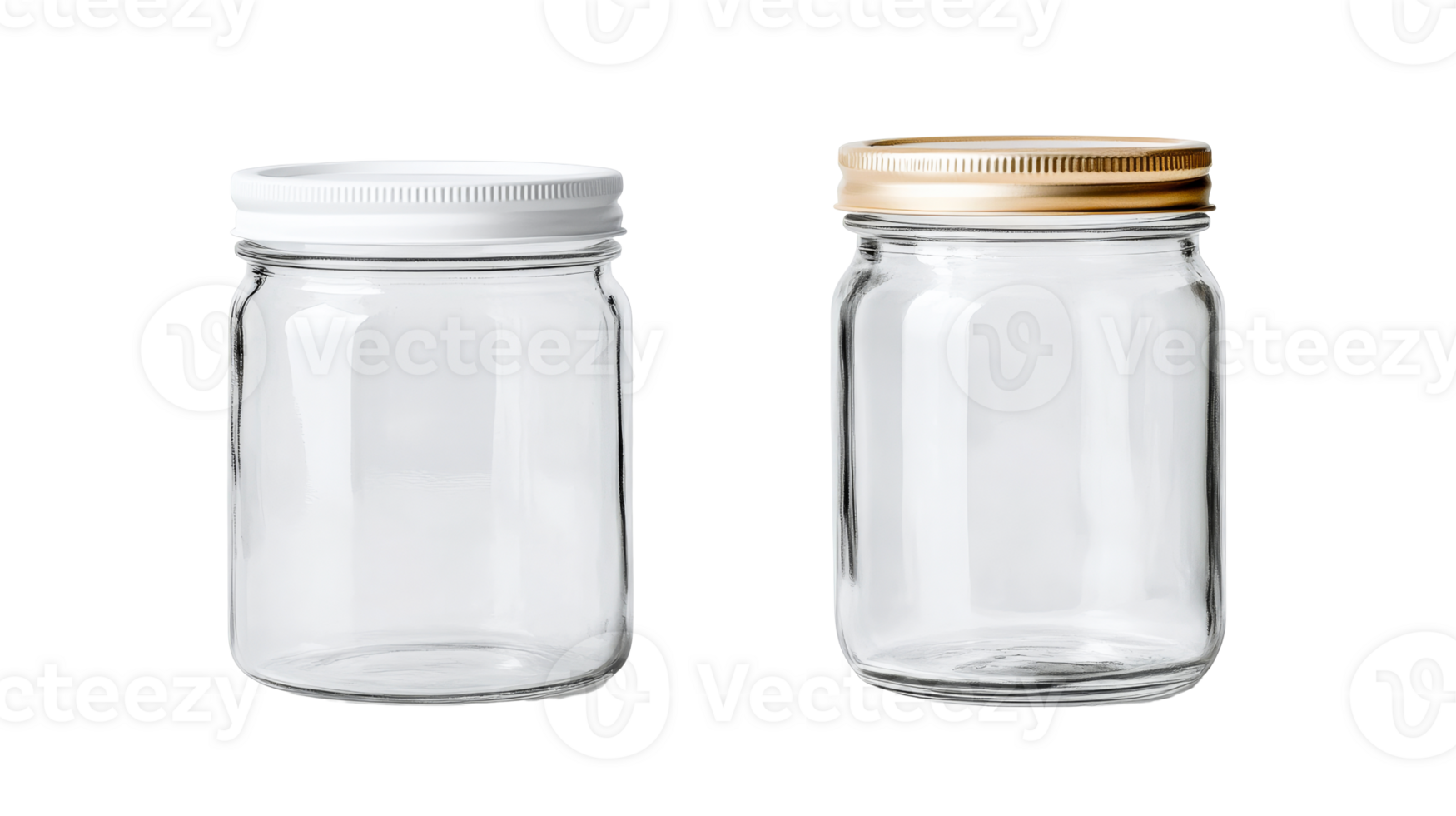 Two clear glass jars with white and gold lids, cut out transparent png