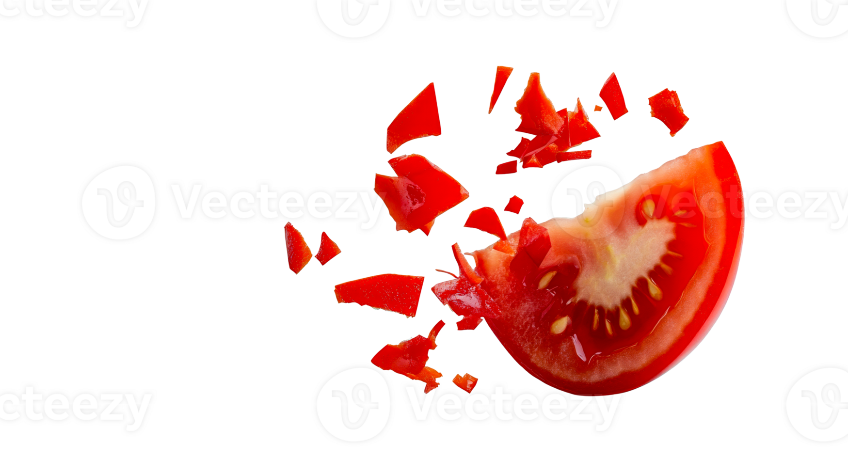Sliced Tomato, Explosion, Edible Piece, Red Pulp and Seeds, cut out transparent png
