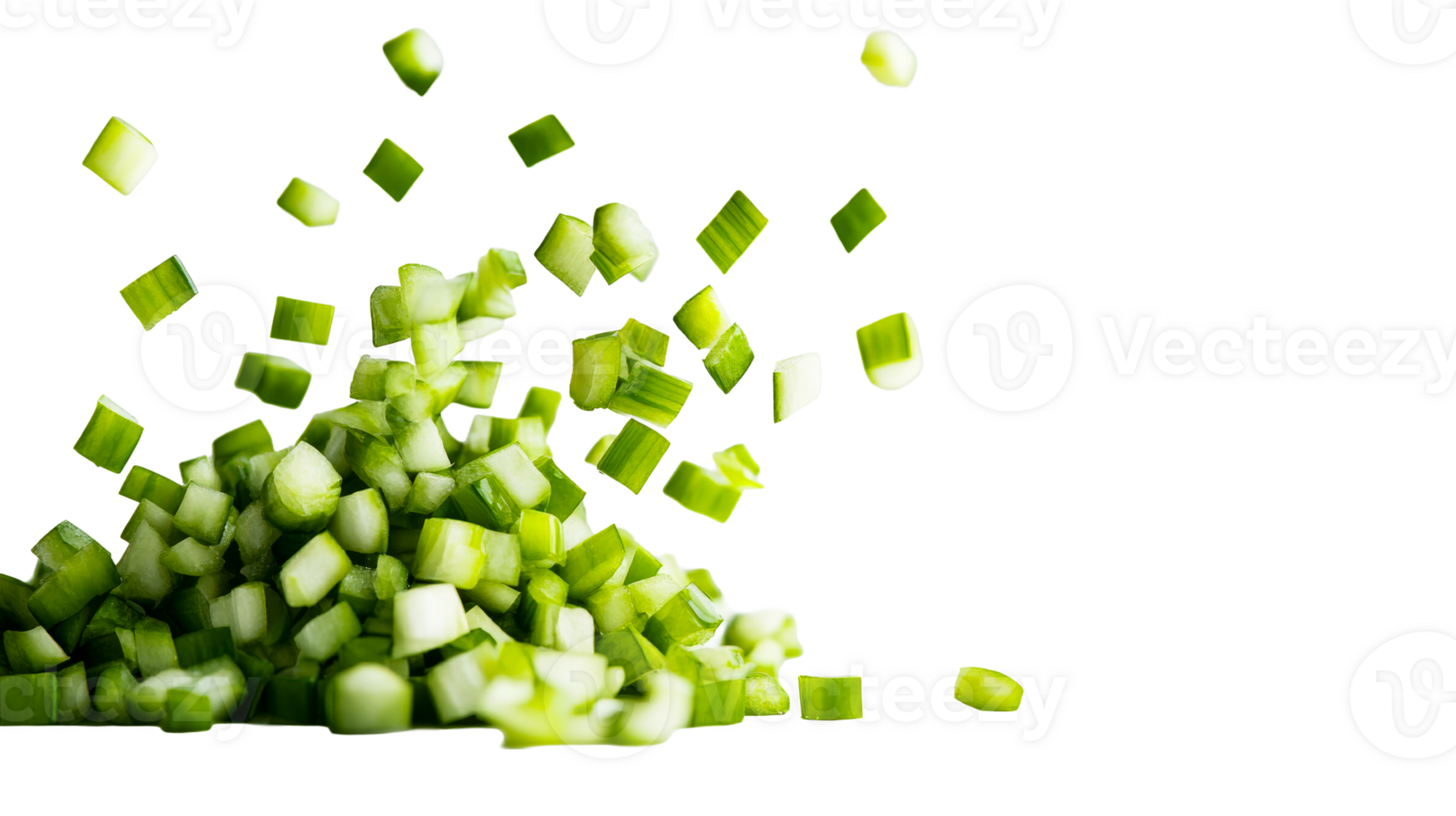 Chopped green onions explosion, floating, black background, cut out transparent png