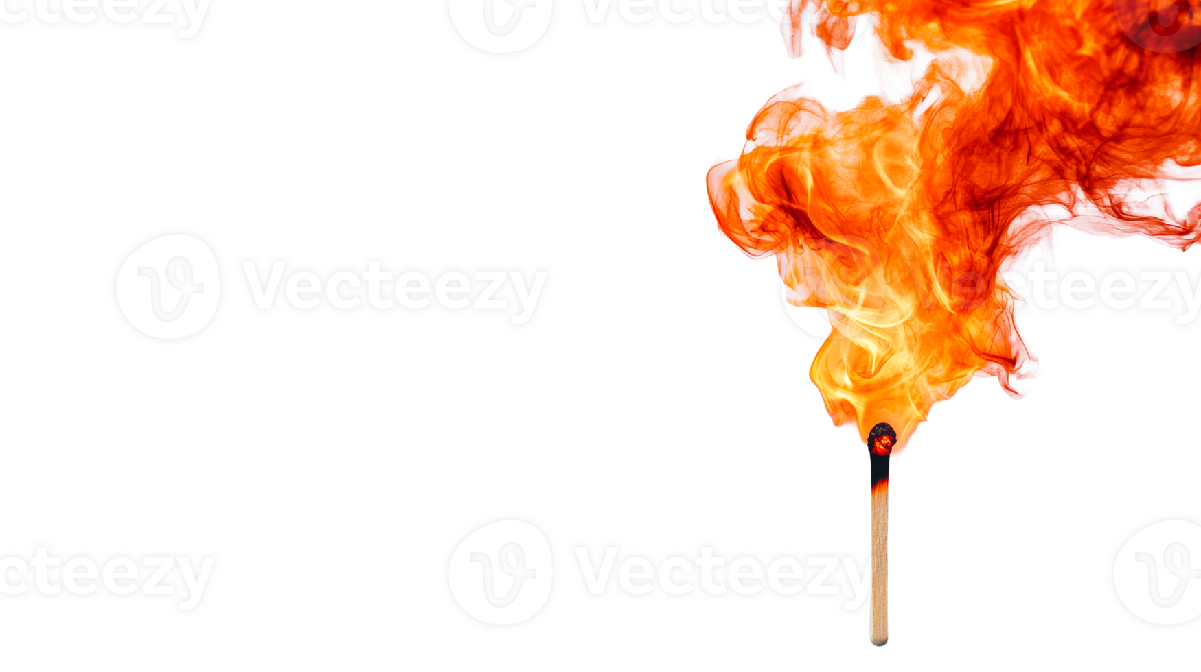 Match igniting into a swirling blaze against black backdrop, cut out transparent png