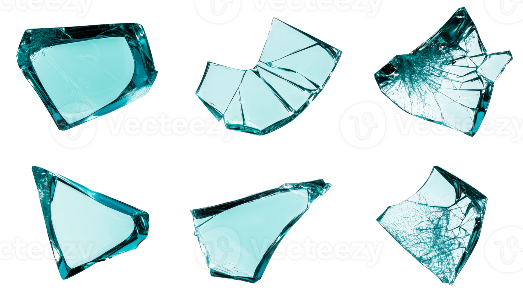 Shattered blue glass pieces, sharp edges, abstract shapes, cut out transparent png