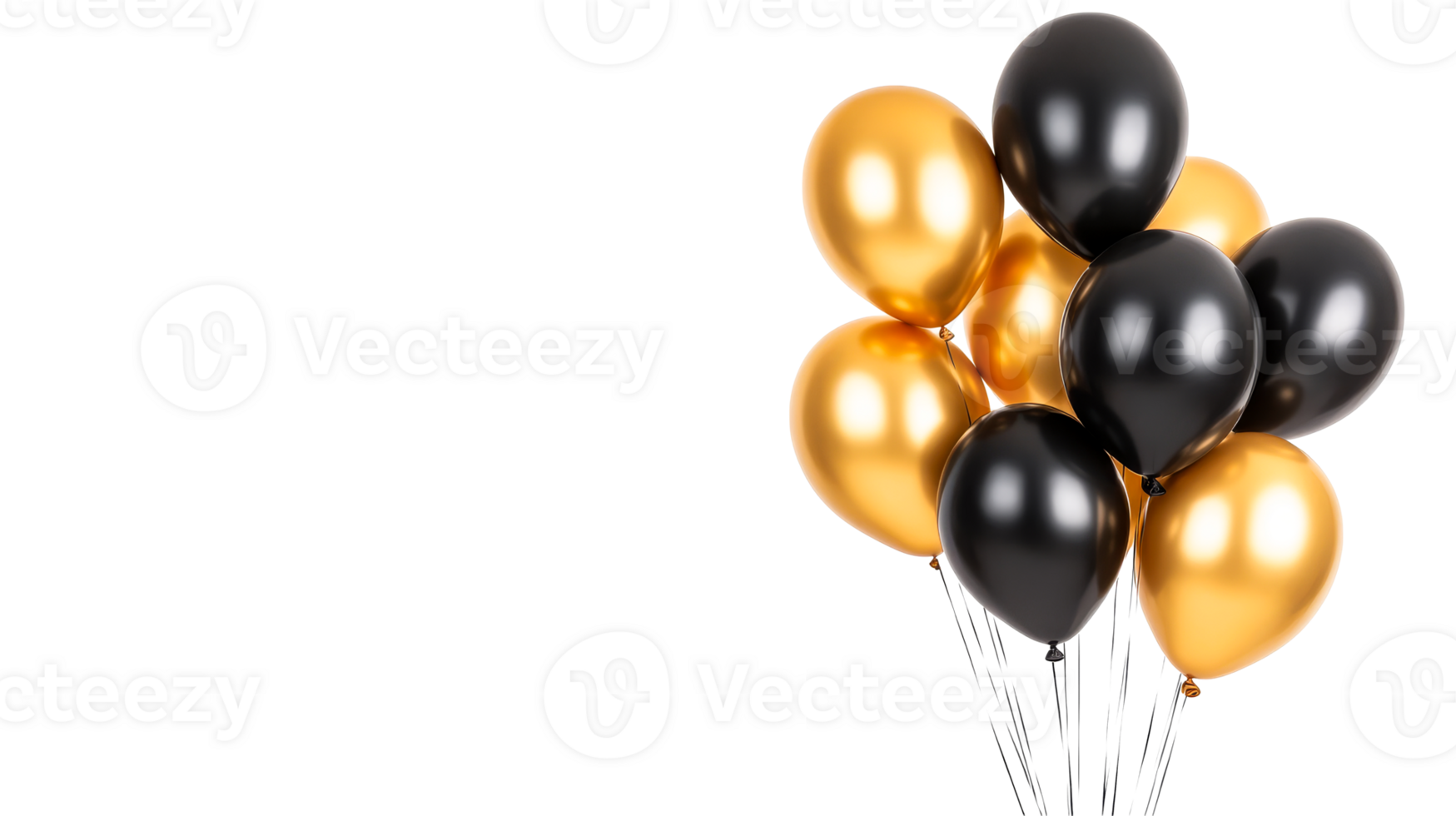 Elegant group of golden and black balloons on black background, cut out transparent png