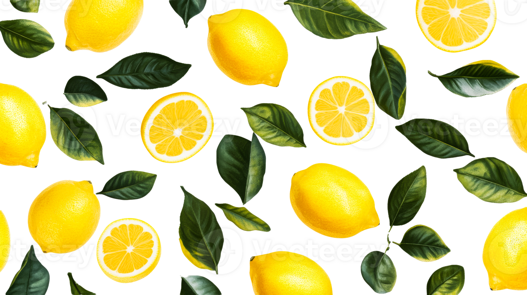 Lemons and leaves pattern on black background, cut out transparent png