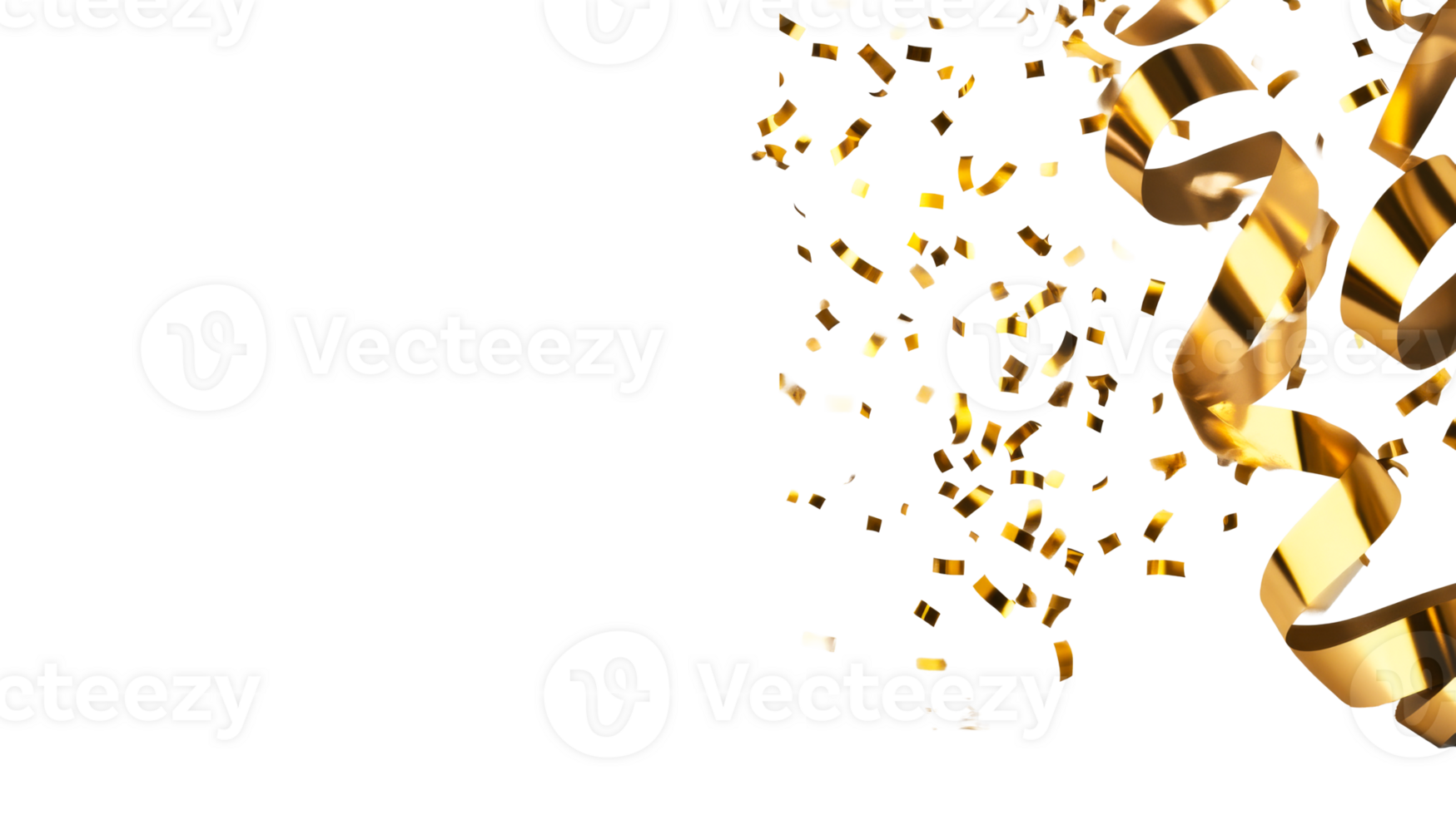Festive golden confetti and streamers on black backdrop, cut out transparent png