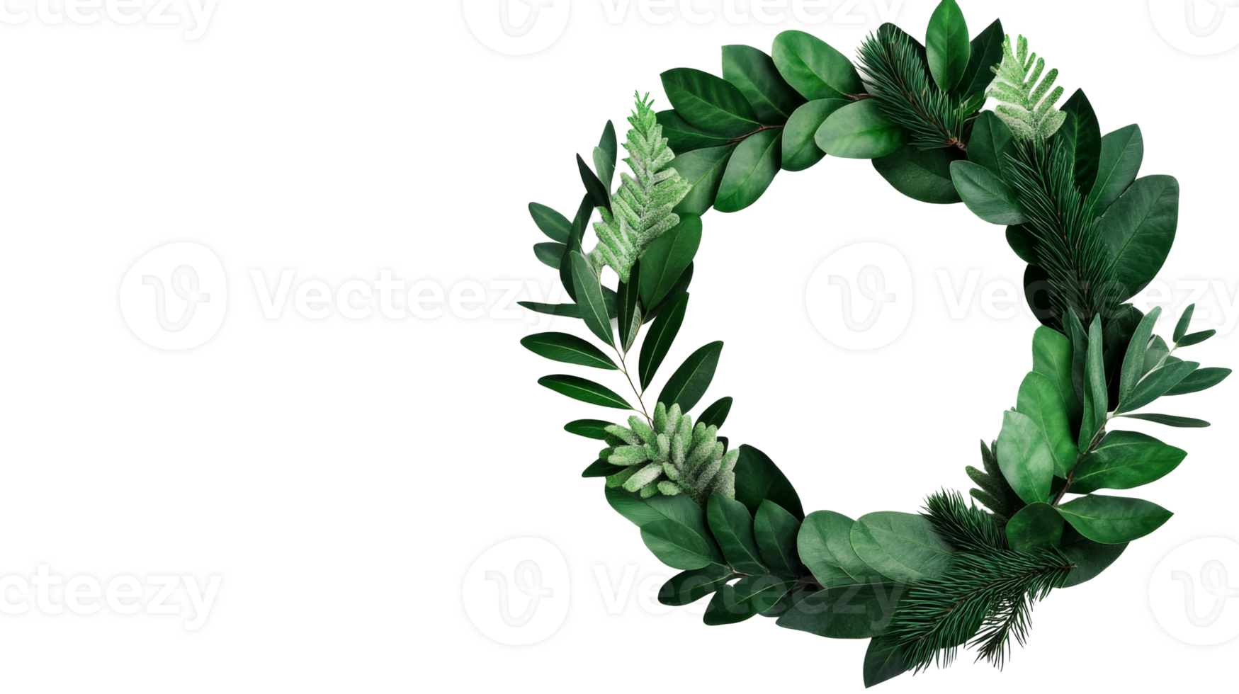 Green leaves wreath arrangement on black background, cut out transparent png