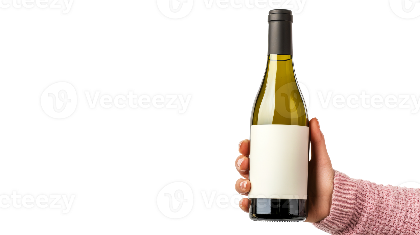 Woman holds green wine bottle with white blank label, cut out transparent png