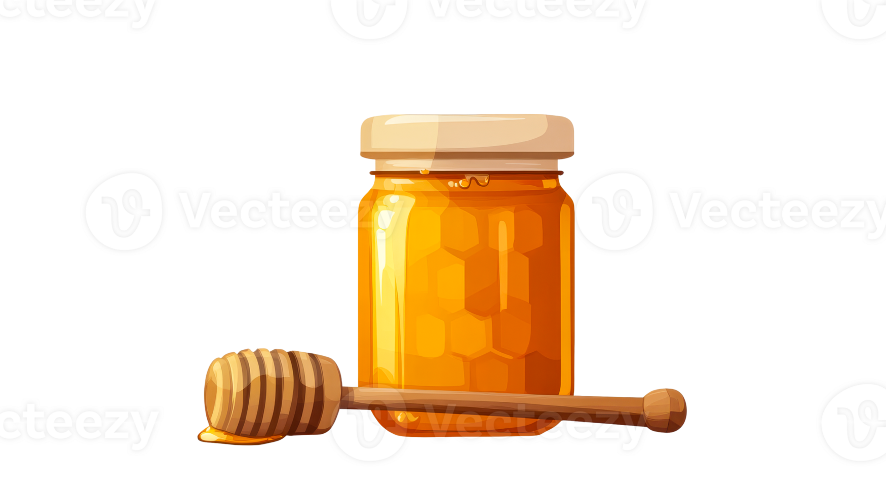 Jar full of honey and dipper stick with honey, cut out transparent png